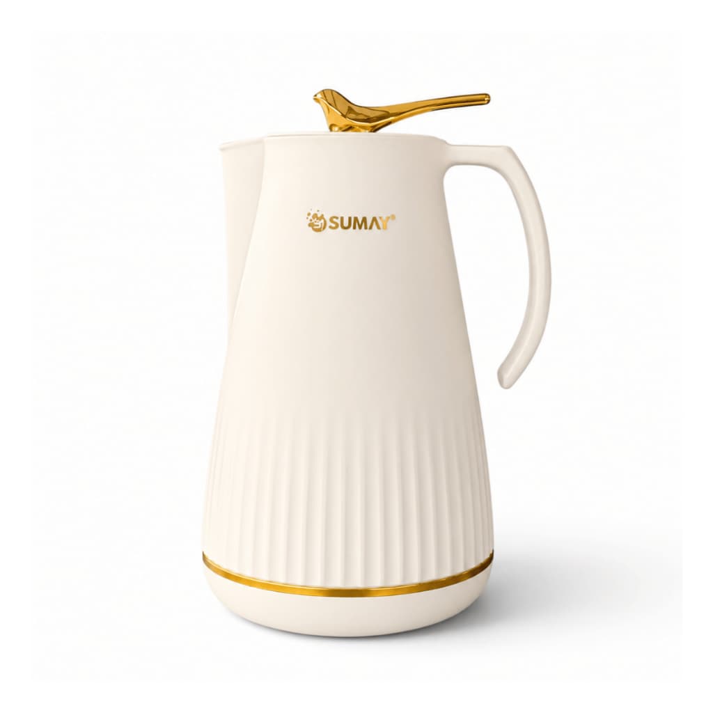 Garrafa Térmica 1L Luxo Branca e Dourada Ampola de Vidro Café Chá Mesa Posta Sumay Dubai