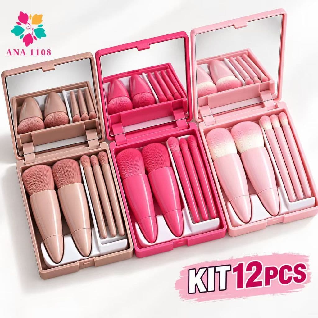 ANA1108 KIT 12PCS Mini Espelho De Maquiagem Portátil Com 5 Pcs Pincéis De Maquiagem Lupa Mão Segurar Bolso Dobrável