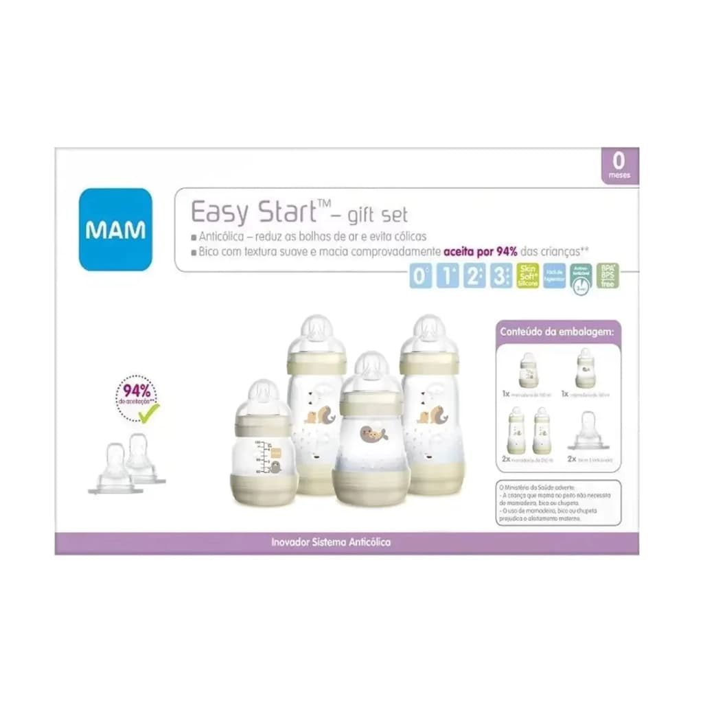 Mamadeira Mam Easy Start Gift Set Neutro | Com 4 Mamadeiras e 2 Bicos
