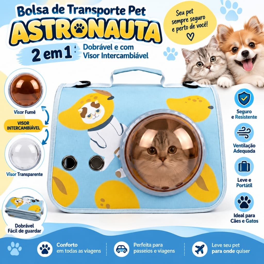 Bolsa de Transporte Pet Astronauta 2 em 1 Dobrável com Visor Intercambiável para Cachorro e Gato