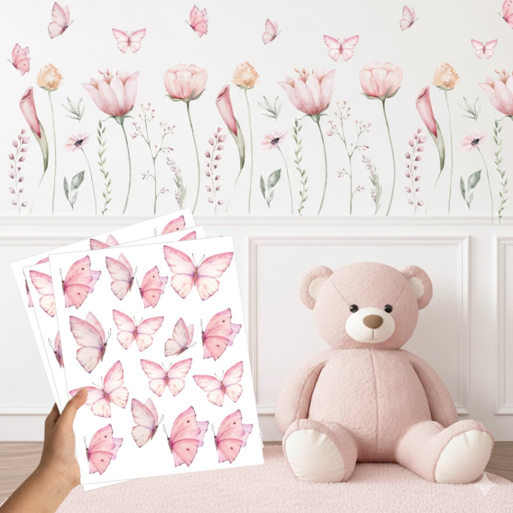 Adesivo Para Parede Floral, Borboletas, Decoração Quarto Menina, Adesivo Transparente Jardim Encantado