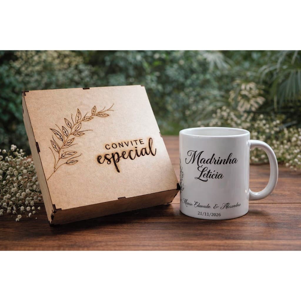 Kit Convite Padrinhos Caixa mdf e Caneca Personalizada
