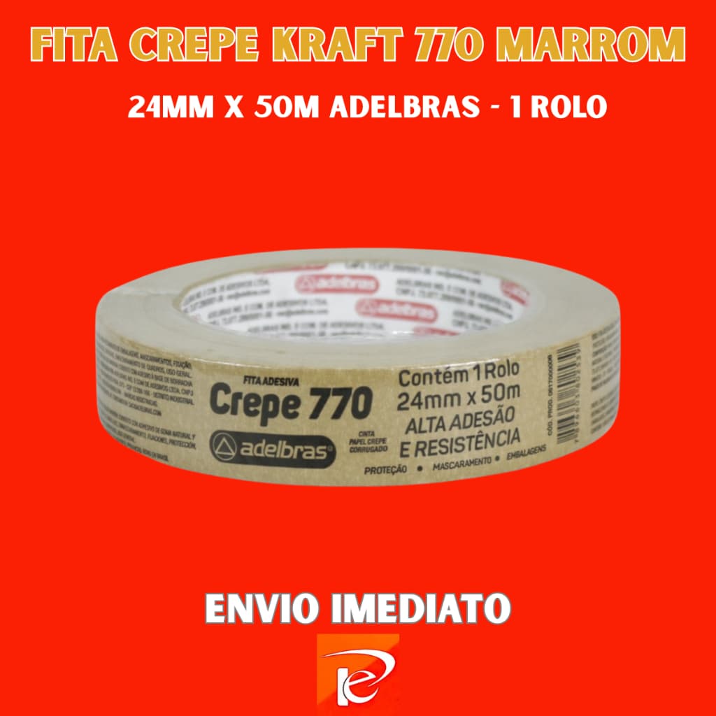 Fita Crepe Kraft 770 Marrom 24mm x 50m Adelbras - 1 Rolo