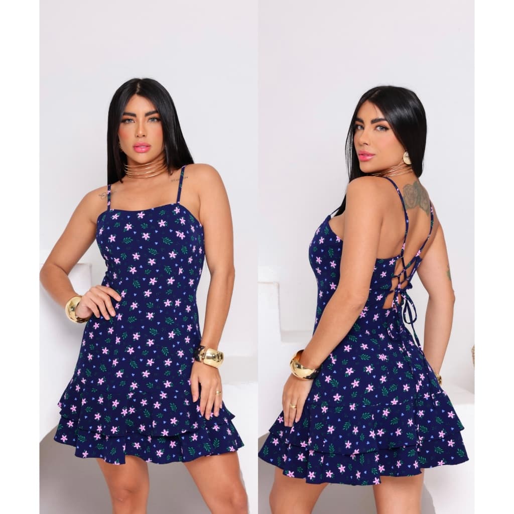Vestido Curto Feminino Soltinho com Dois Babados Alça Fina Ajustável Casual Verão