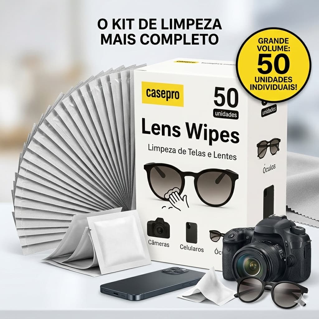 Lens Wipes Lenços Umedecidos para Limpeza de óculos de grau e solar Lentes de maquina fotográficas Telas celular