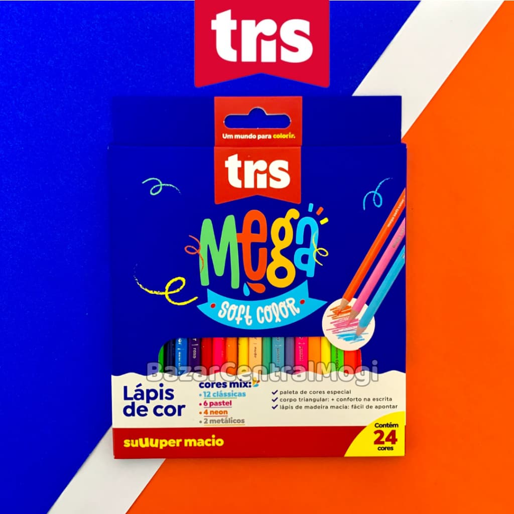 Lápis de Cor Tris Mega Soft Color 24 Cores Mix Pastel Neon Metálico Triangular
