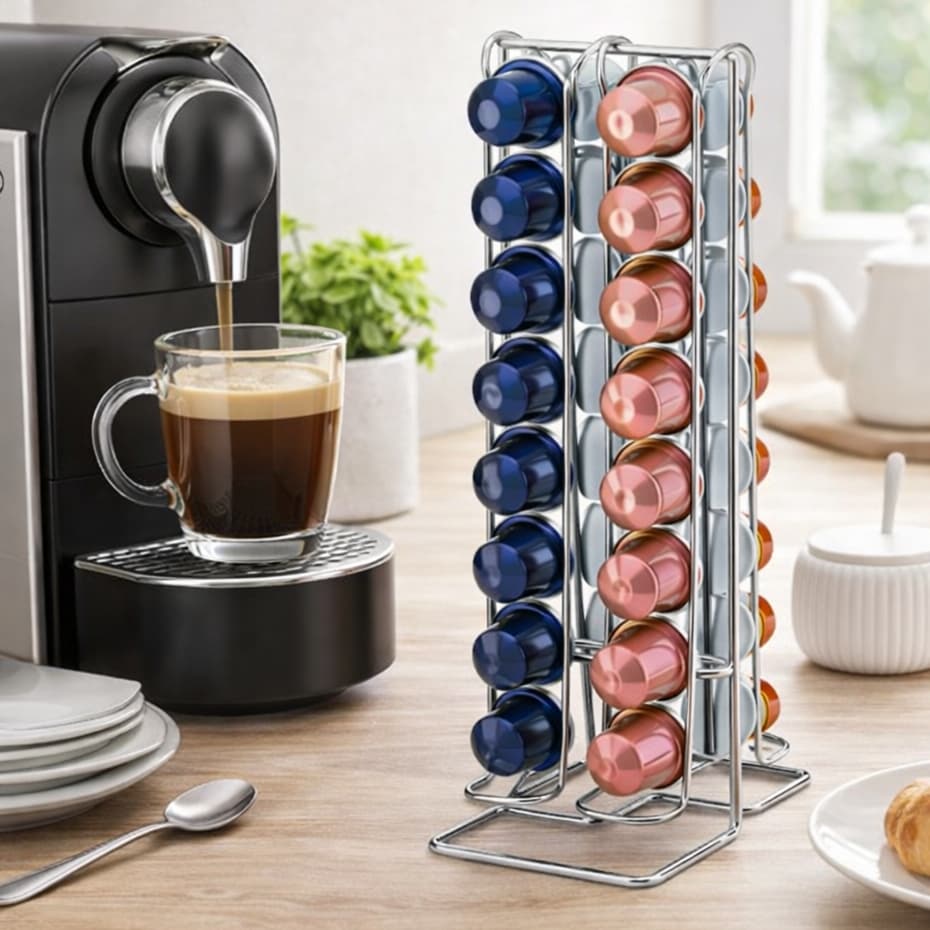 Suporte Porta Cápsulas de Café 32 Cápsulas 30,5x10cm em Metal Cromado | Ke Home