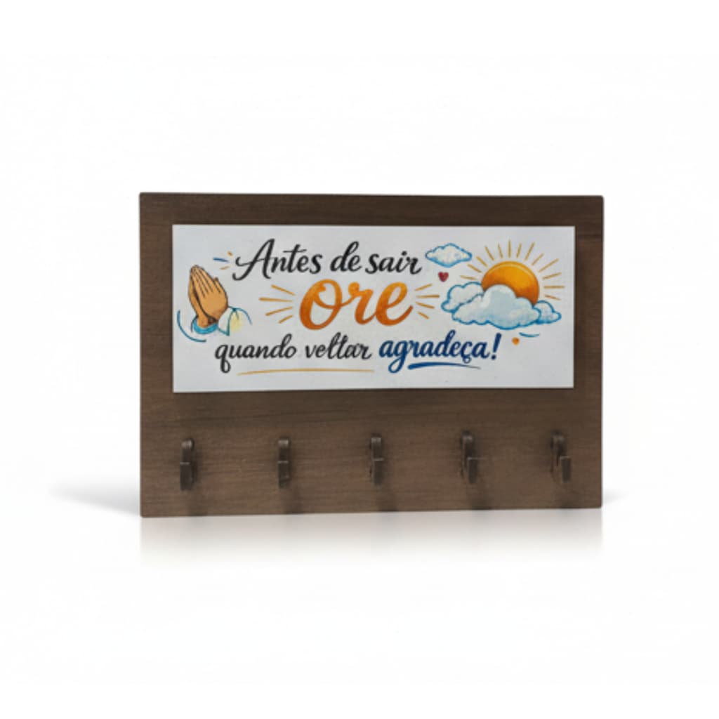 Porta Chaves Decorativo Parede MDF 05 Ganchos Amadeirado Preto Motivacional Frase