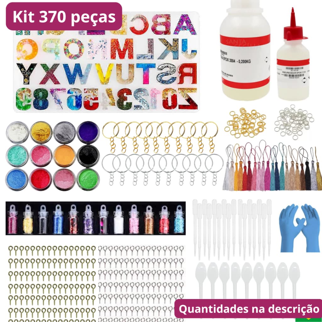 390 peças Kit artesanato completo resina epóxi molde silicone arte chaveiro pigmento glitter diy