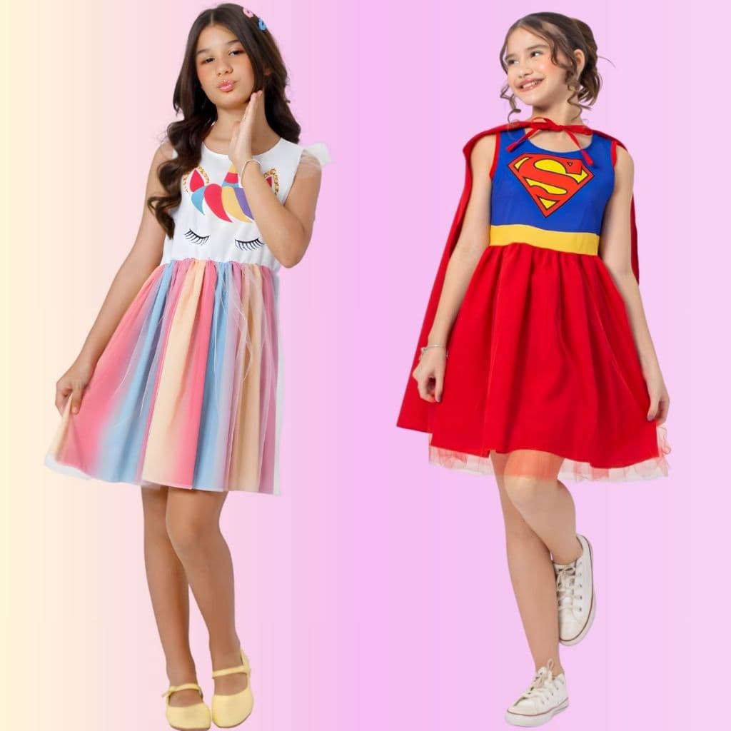 Vestido Fantasia Stitch Branca de Neve Mulher Maravilha Super Girl Festa Infantil Menina Aniversário