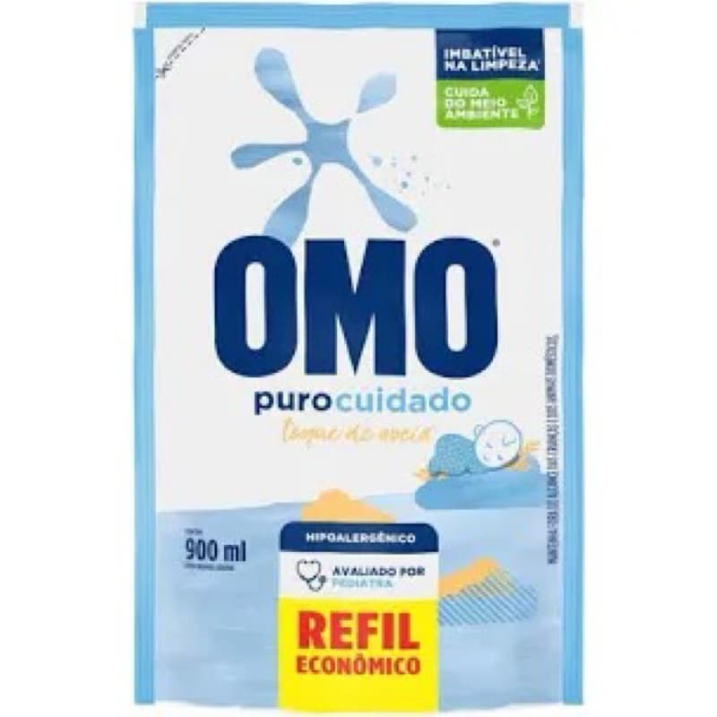 OMO Puro Cuidado Lava Roupas Líquido 900ml Refil Econômico Hipoalergênico