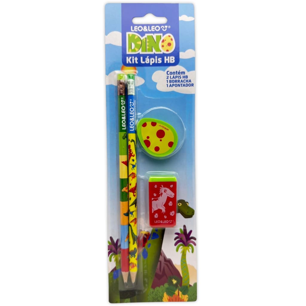 Lápis  Dino  kit 2 Lápis + Borracha + Apontador Papelaria Escolar Infantil