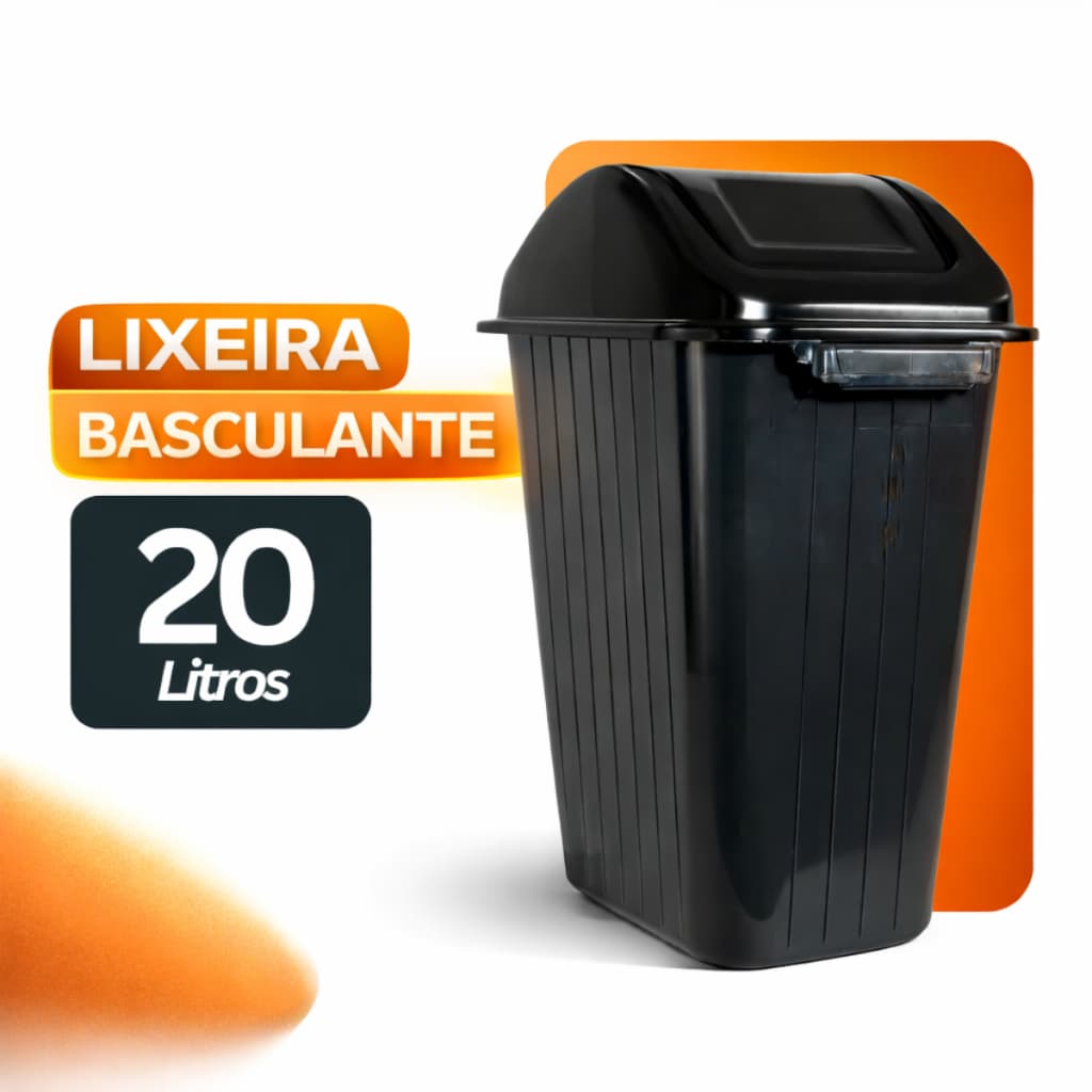 Cesto de Lixo Retangular Lixeira Basculante Plástico Com Tampa Vai e Vem 20 Litros Preto