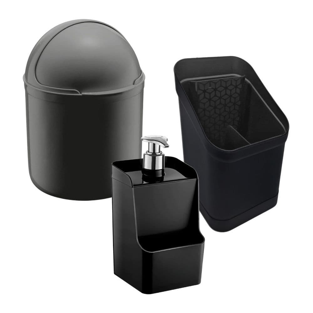 Kit 3 Peças Lixeira 4L, Escorredor de Talheres C/ Divisória P/ Facas, Porta Detergente Cozinha/ Kit 2 Peças