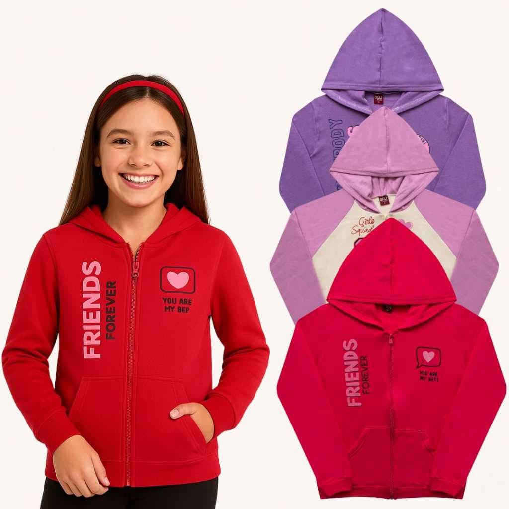 kit 3 Jaquetas de Menina Zíper 3 Unidades de Casaco Bolso Canguru Menina