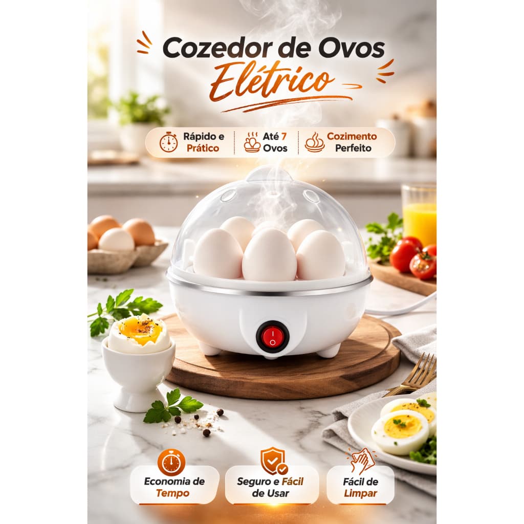 Máquina Cozedor de Ovos a Vapor Automática 7 Ovos 220V com Tampa Transparente