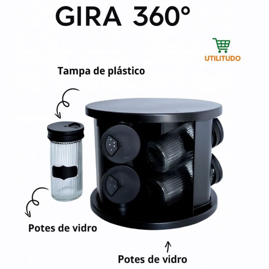 Porta Temperos Giratório 6 Potes de Vidro Organizador de Cozinha Base Giratória 360° Preto Premium 6 Potes de Vidro Orga