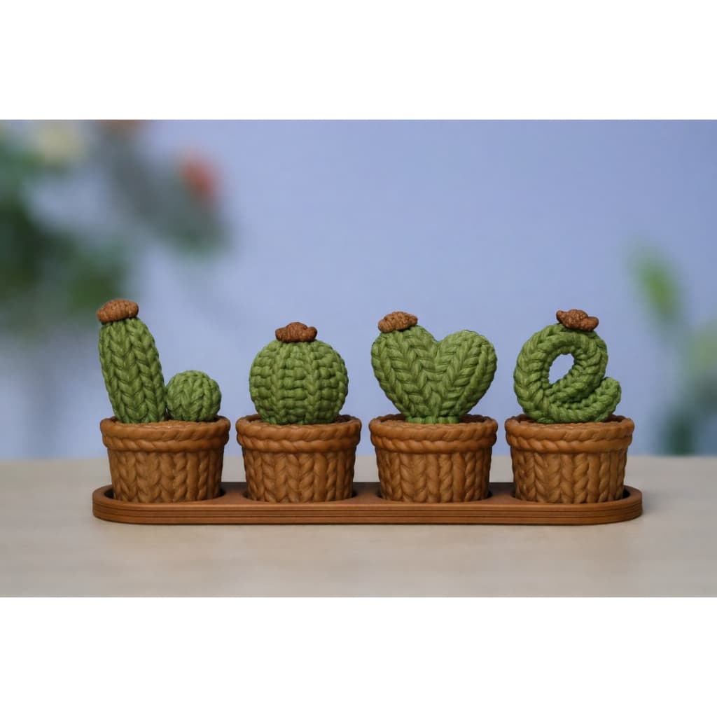 Kit 4 Mini Vasinhos Love Cactus Suculenta Crochê Love Decoração Planta Artificial