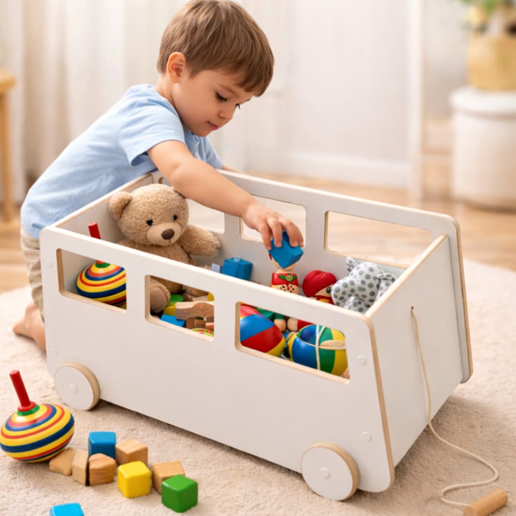Baú Infantil Organizador Branco em MDF com Rodinhas | Guarda Brinquedos e Livros