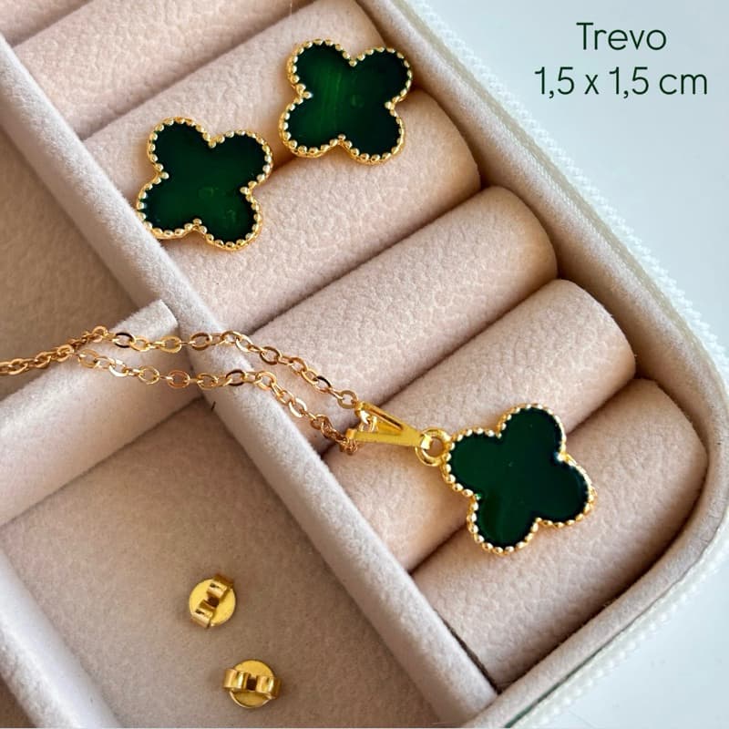 Conjunto Colar e Brinco de Trevo Cores Dourado, Verde, Preto e Branco Folheado a Ouro 18 K