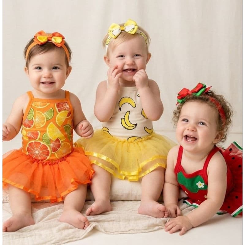 Kit Body Regata Frutinhas Com Faixinha E Saia Tule Tutu Bebe Lindo