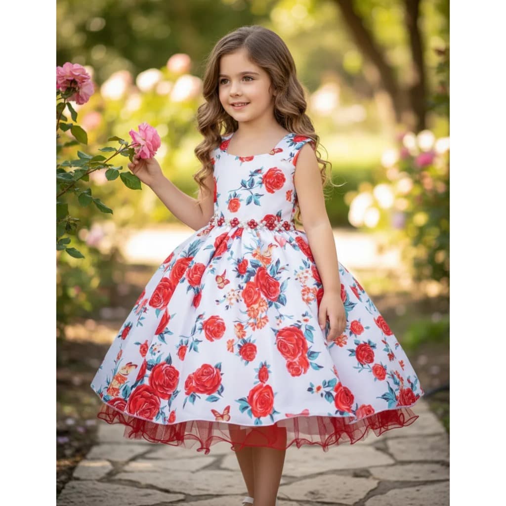 Vestido lindo de festa PRINCESA aniversário casamento daminha temático jardim florido vermelho