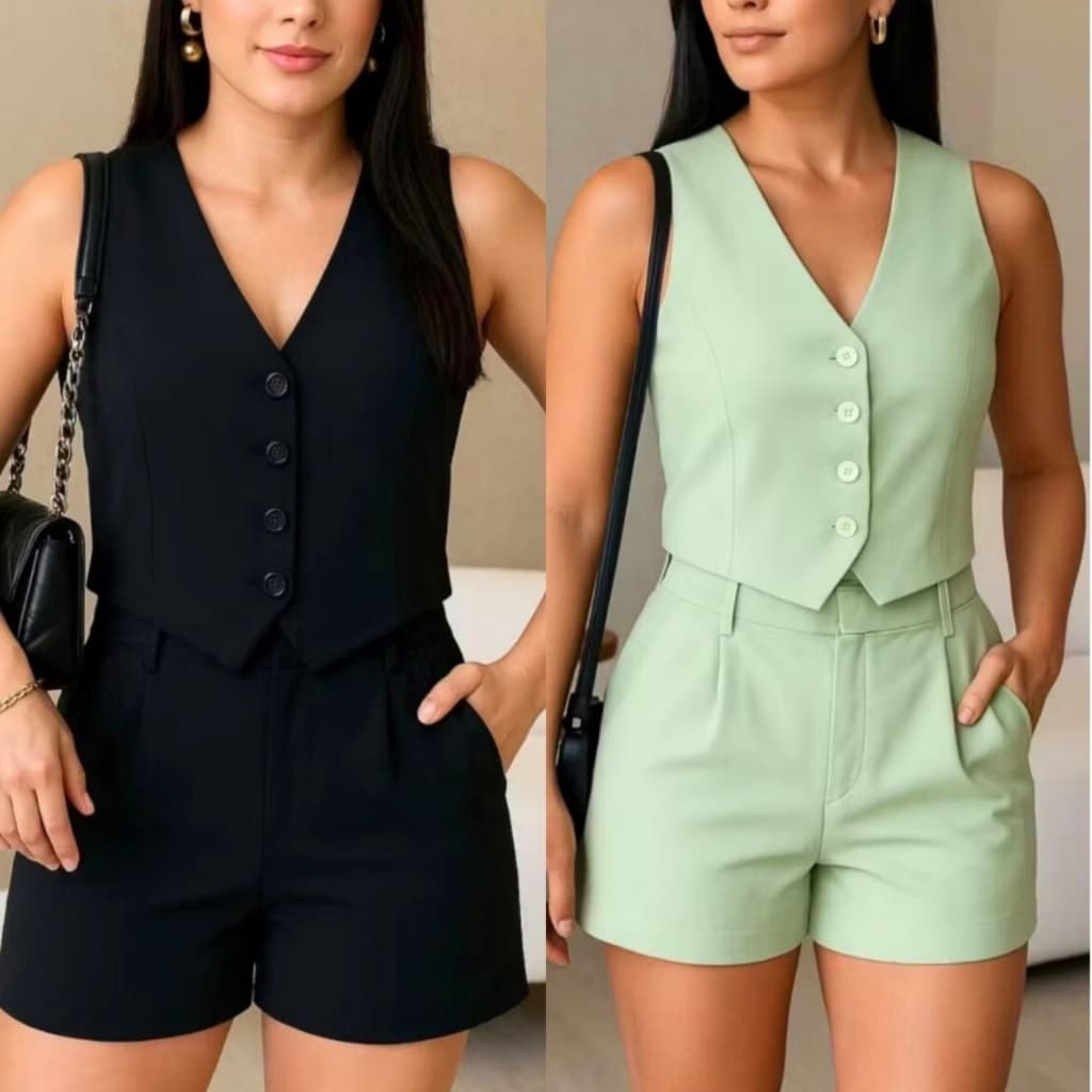 Conjunto Feminino Alfaiataria Colete e Short Social