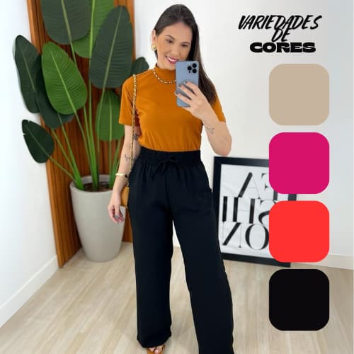Calça Pantalona Duna Cintura Alta Lisa Com Bolso Lateral Feminina PROMOÇÃO