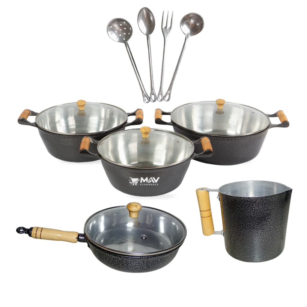 Jogo Alumínio Batido Grosso Panelas 16, 18 e 20cm + Frigideira 20cm + Canecão 12cm + Kit 4 Talheres