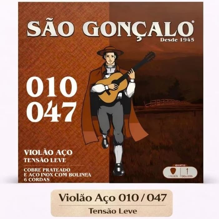 Encordoamento Violão 010 Aço Prata Tensão Leve com Bolinha Cordas 010 047 São Gonçalo