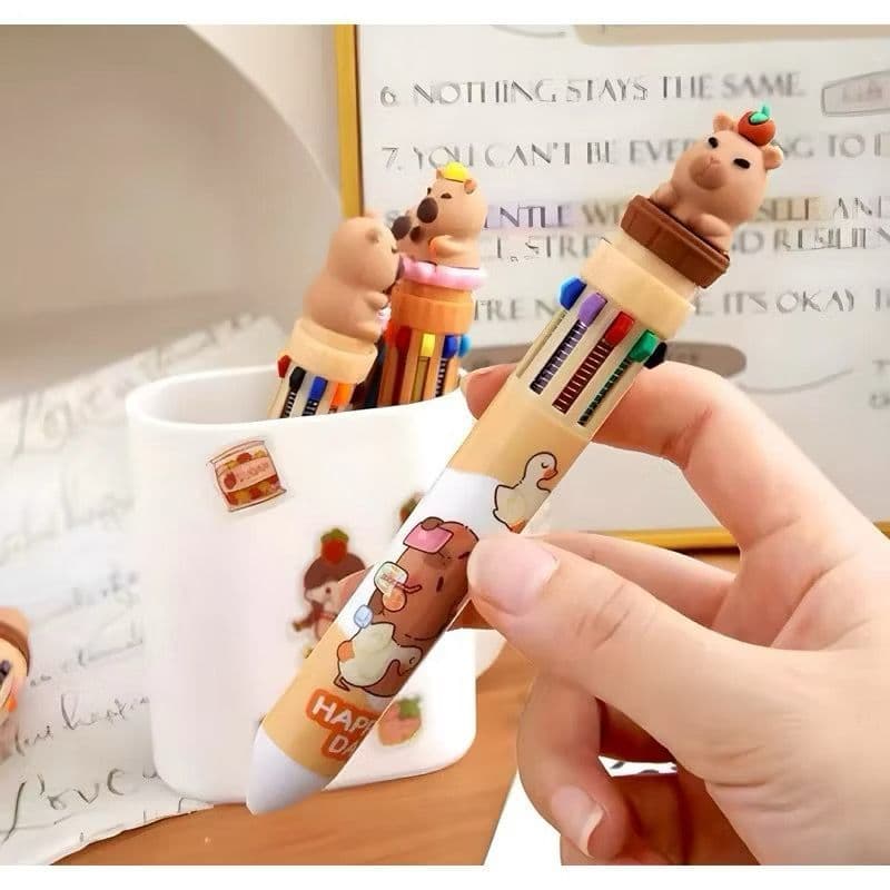 Caneta Capivara 10 CORES / Ponta Esferográfica 0.7mm | Caneta Multicolor Divertida