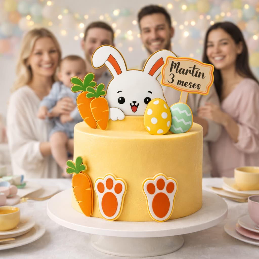 Topo de Bolo Coelhinho Páscoa Personalizado Mesversário | Topper Coelho Cenoura Ovo | Simples ou Luxo 3D