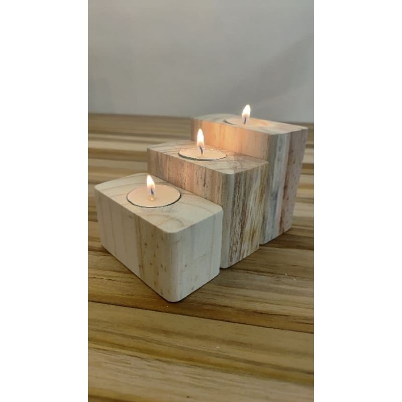 Castiçal Decorativo Porta Velas Madeira Pinus Rústico + Velas
