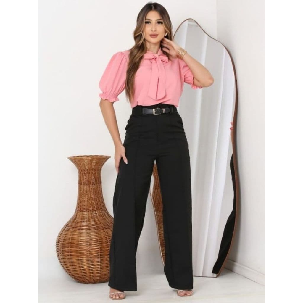 Blusa Social Feminina Duna Levinha Gola de Lacinho e Manga Princesa Elegante