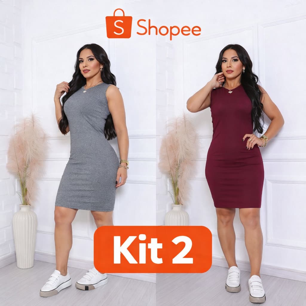 Kit Com 2 Vestido Tubinho Canelado Midi Regata Moda Evangélica e Casual