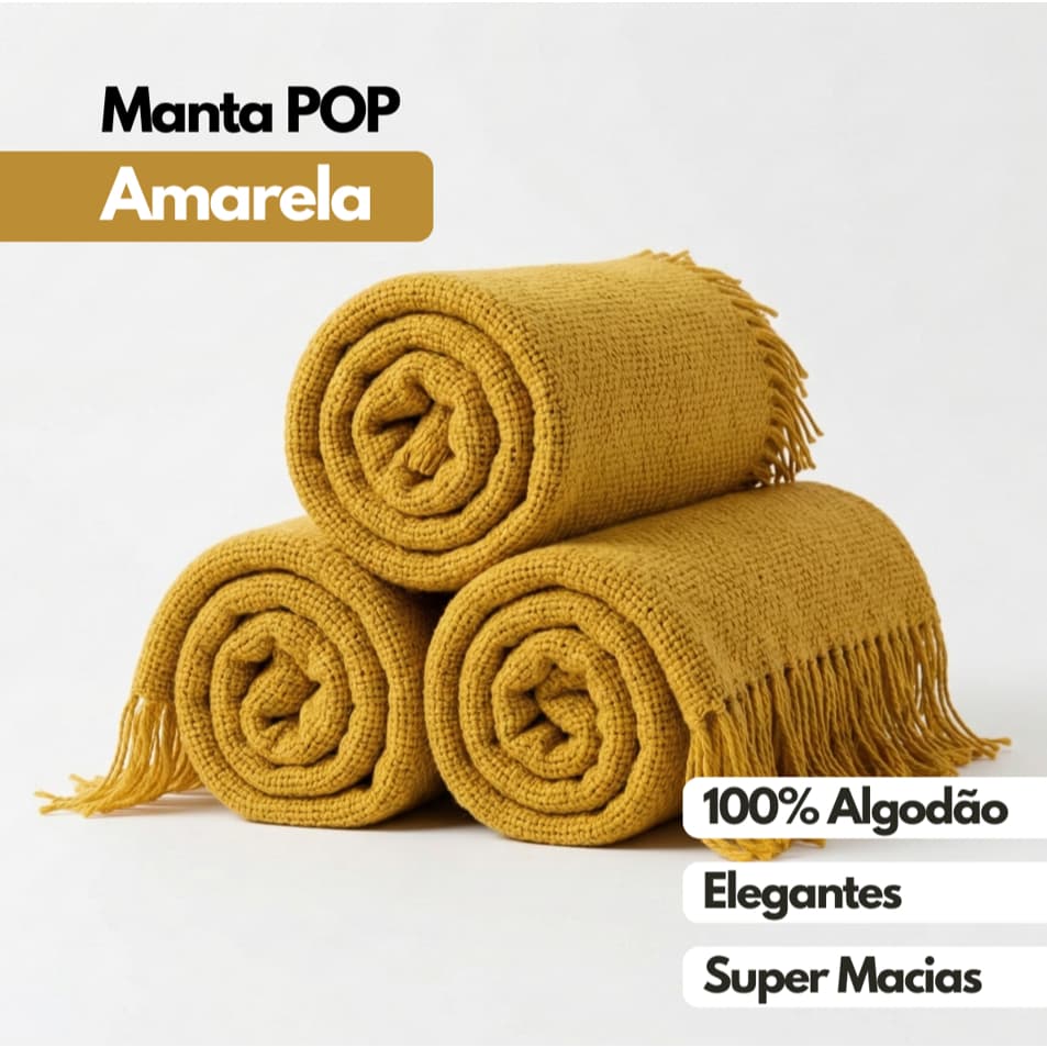 Manta Para Sofá E Peseira Gigante 2,10x1,20m Algodão Com Franja Pop Amarela Decorativa