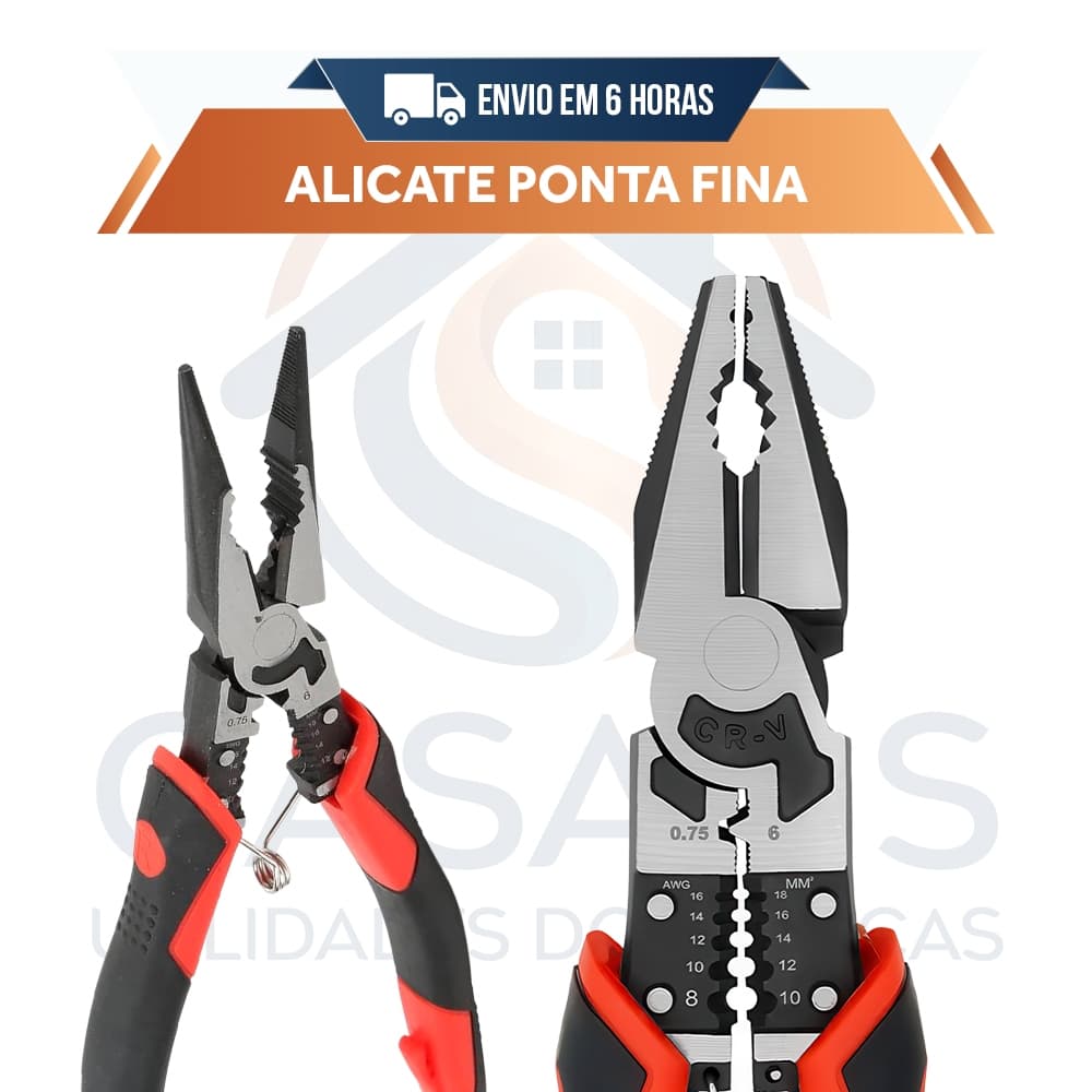 Alicate Ponta Fina Multifuncional 5 em 1 – 9” Profissional | Corta, Crimpa, Decapa e Muito Mais!
