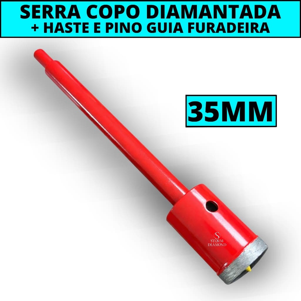 Serra Copo Diamantada 35mm Haste E Pino Guia Furadeira Sds Martelete Furar Concreto Alvenaria Parede