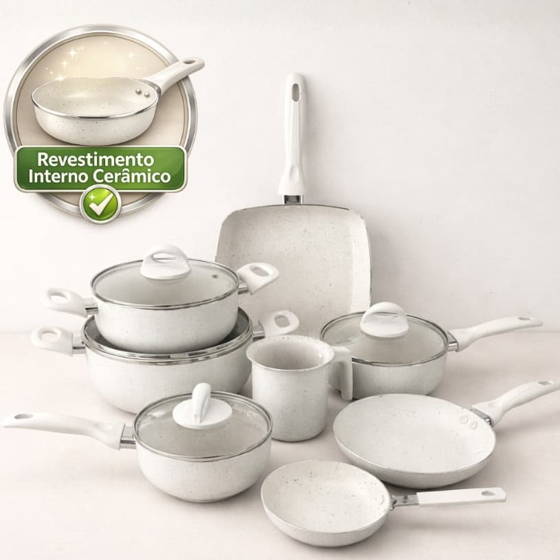 Jogo de Panelas 8 Peças Creme Antiaderente Cerâmica Tampa de Vidro Cozinha Frigideira
