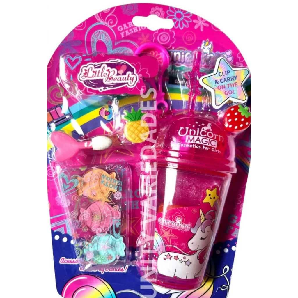 Kit Maquiagem Infantil Unicornio Magic com Copo Chaveiro