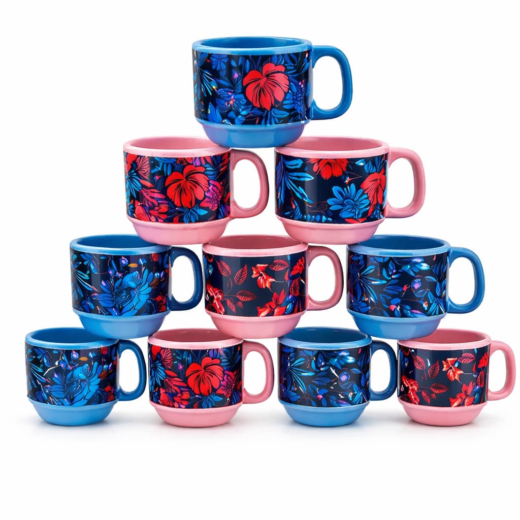 Kit 10 xicaras 200ml segunda linha desenhadas rosa e azul alça resistente Porcelana cozinha decoração presente caixa