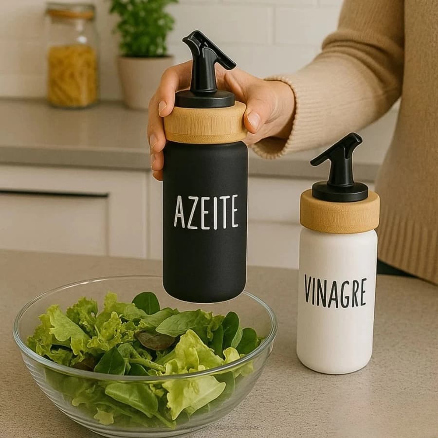 Kit Galheteiro Vidro 220ml Doha 2 Peças Bico Azeite e Vinagre Em Vidro Tingido E Bambu Natural