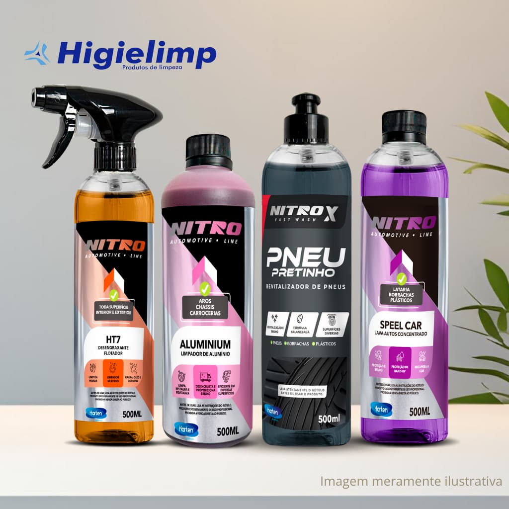 KIT - HT7 DESENGRAXANTE 500ML + LIMPADOR ALUMINIUM 500ML + REVITALIZADOR PNEU 500ML + LAVA AUTO SPEEL CAR 500ML - NITRO