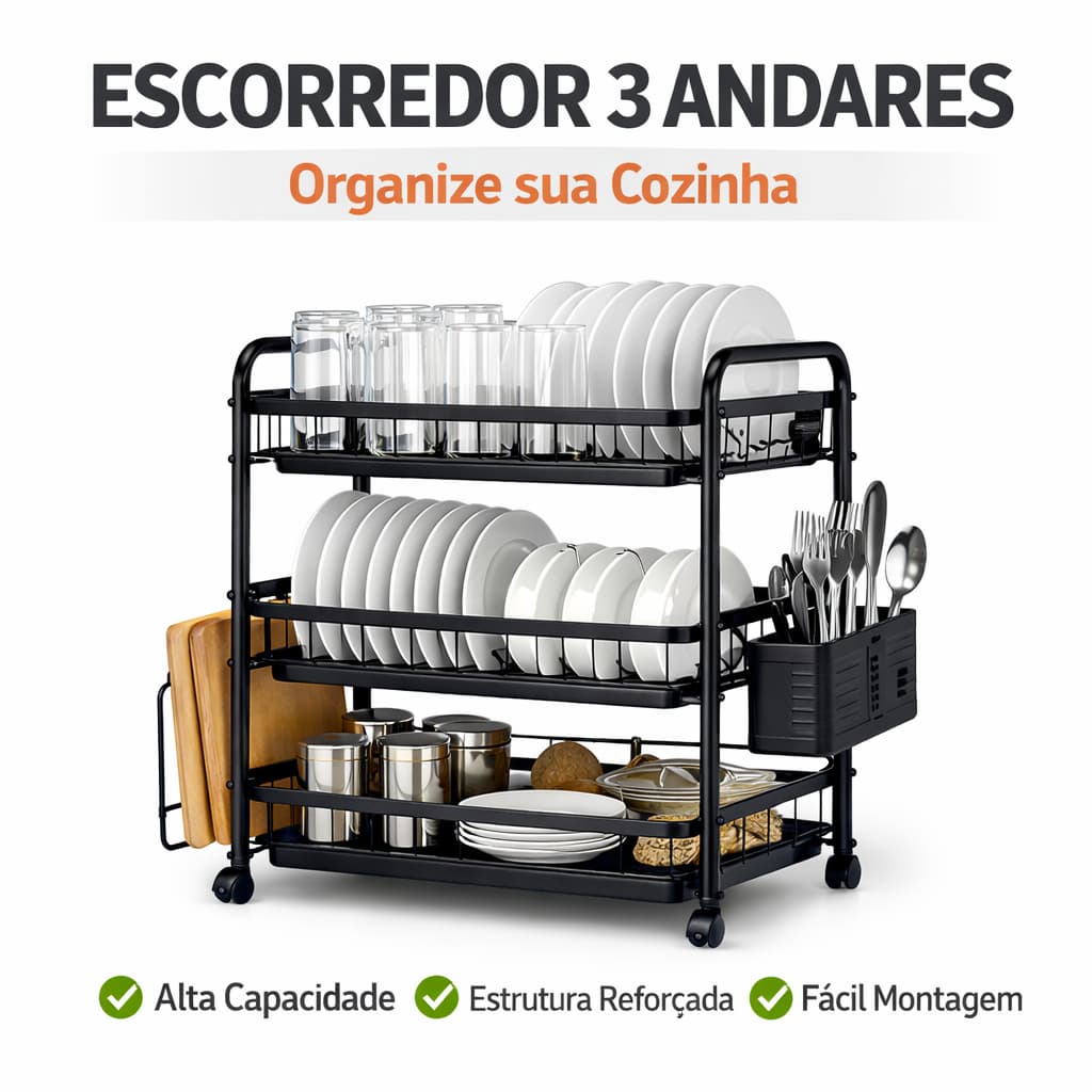 Escorredor de Louça 3 Andares com Rodinhas Organizador de Cozinha Porta Talheres Secador de Pratos Metal