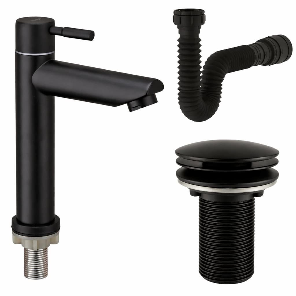 Kit Banheiro Preto - Torneira Bica Alta Inox + Válvula Click 7/8 Preta + Sifão Flexível Preto