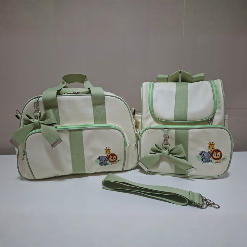 Kit Mochila Maternidade e Bolsa de Bebê Luxo Zoo Bege/Verde ou Verde