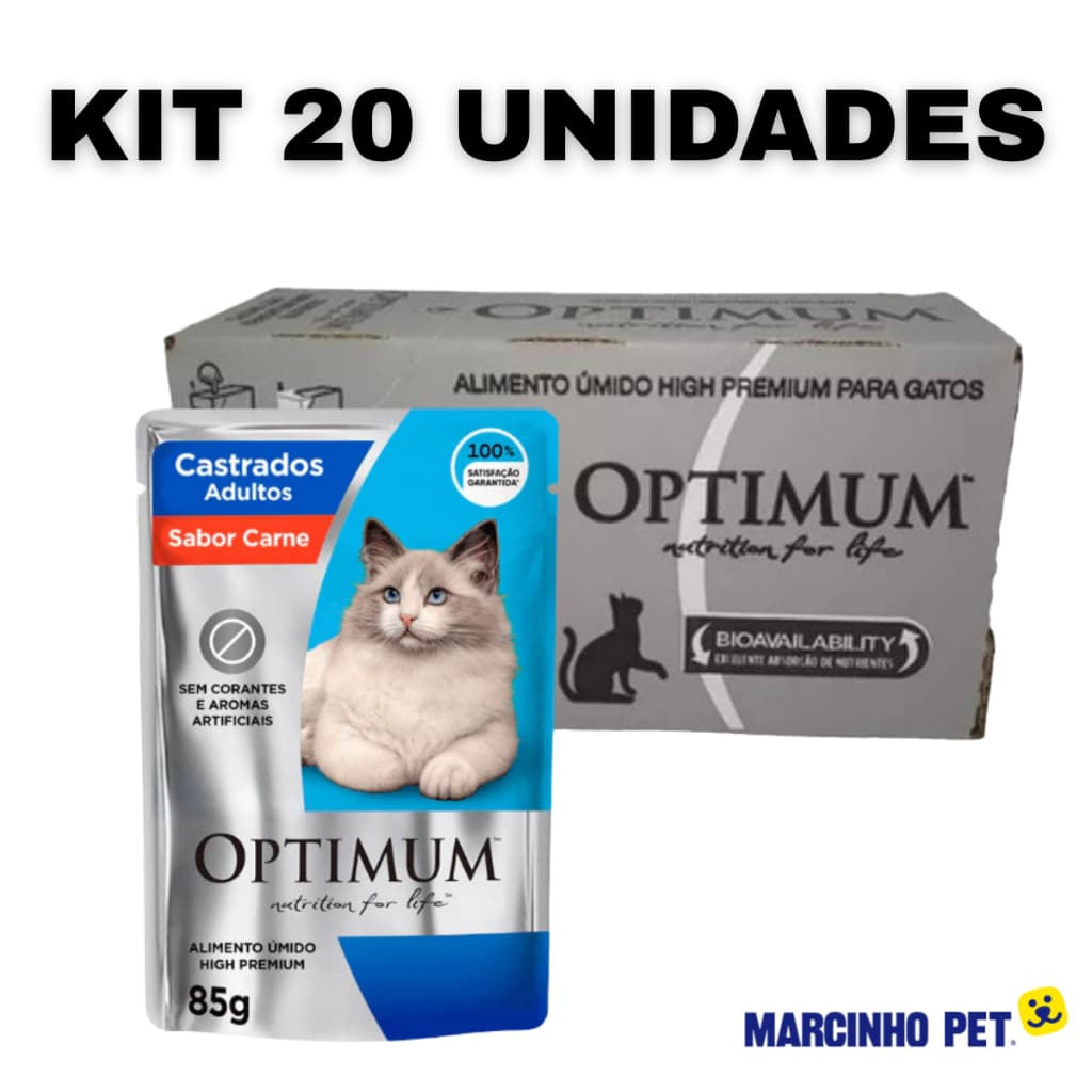 kit 20 Unidades Sachê Optimum Gatos Adultos Castrados Alimento Úmido Sabor Carne 85g Caixa Sachê