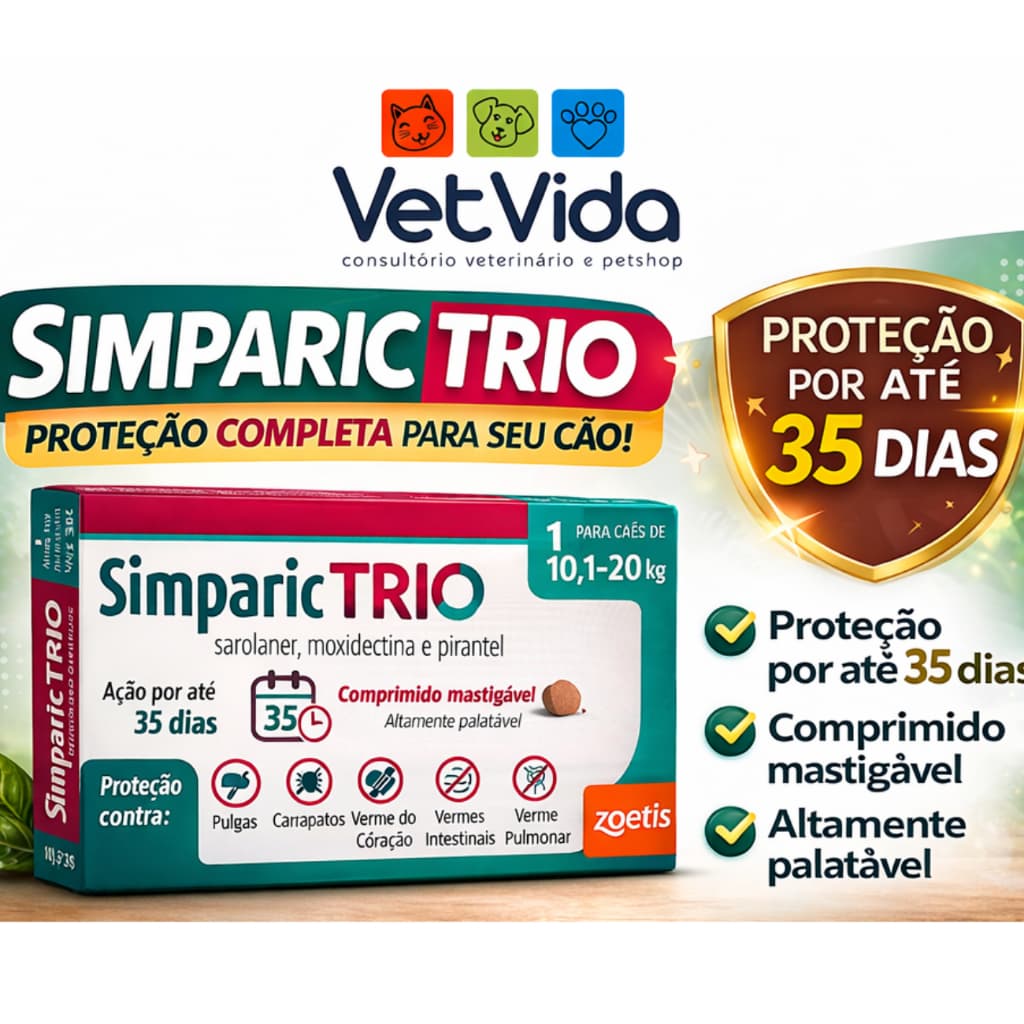 Simparic Trio 10,1 a 20kg Zoetis Antipulgas Carrapatos e Vermes Proteção Completa caixa com três comprimidos.