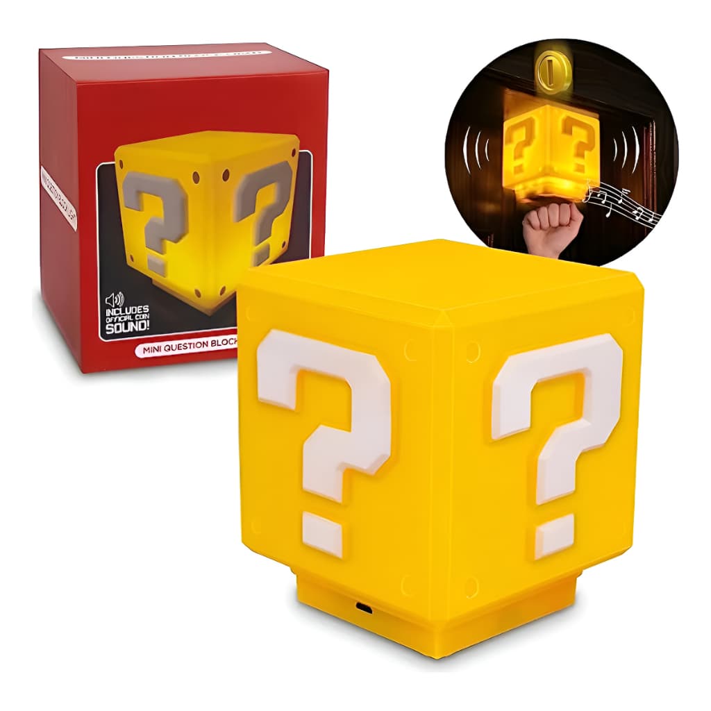 Luminária Sonora Cubo Interrogação - Mario Bros Presente Amarelo 1.2v