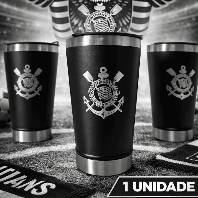 Copo Térmico de Time Corinthians com tampa e abridor preto timão ideal para viagem e praia